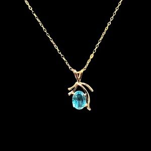 Vintage Faux Blue Topaz Pendant 18K Electroplate Designer Signed on Gold Chain